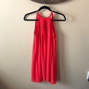 Red/pink high neck dress with pattern on chest